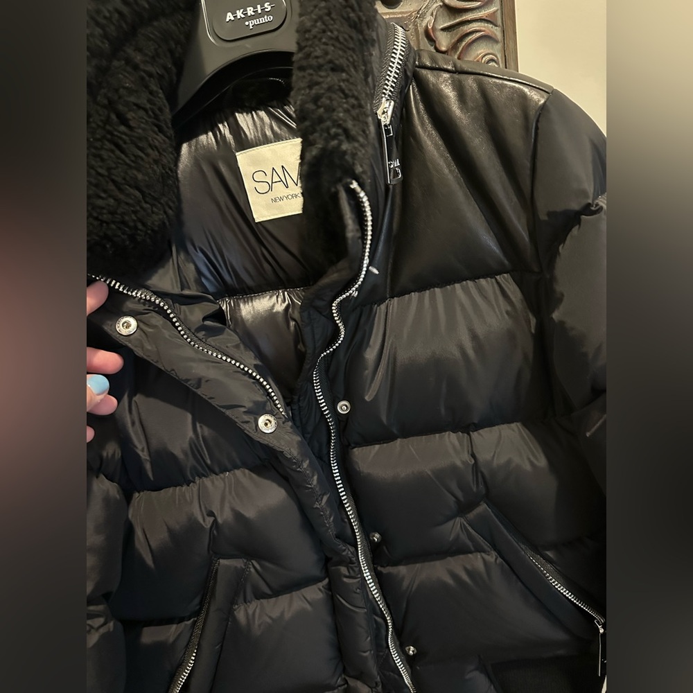 SAM NYC Sawyer quilted down embellished puffer jacket coat leather black large - Picture 6 of 7